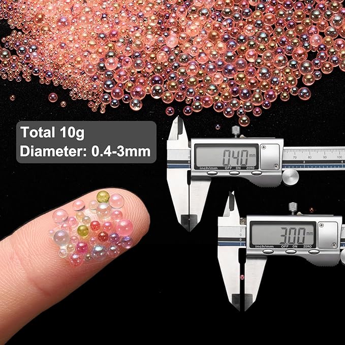 Iridescent Glass Tiny Bubble Beads, 0.4-3mm 10g No Hole Micro Mini Round Coral Pink Water Droplets Beads - Applications: for Resin Filler, Nail Art, Dollhouse Bath Tub