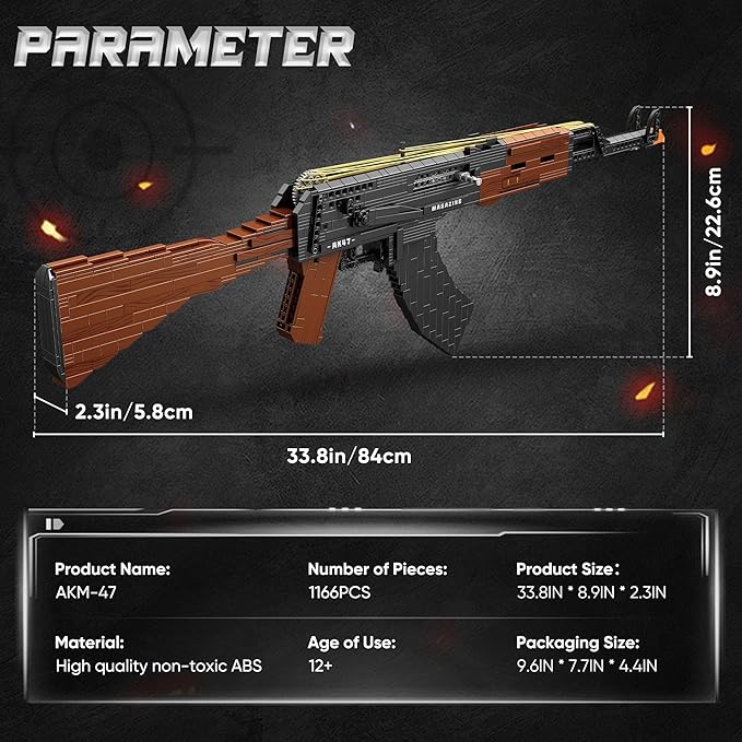 Building Block Gun for Adults, 1:1 AKM-47 Model Gun with Functional Rubber Band Shooting Mechanism, Collectible Gift for Military Weapon Toy Lovers,Educational STEM Toy Set for Boys Age 12+, 1166Pcs