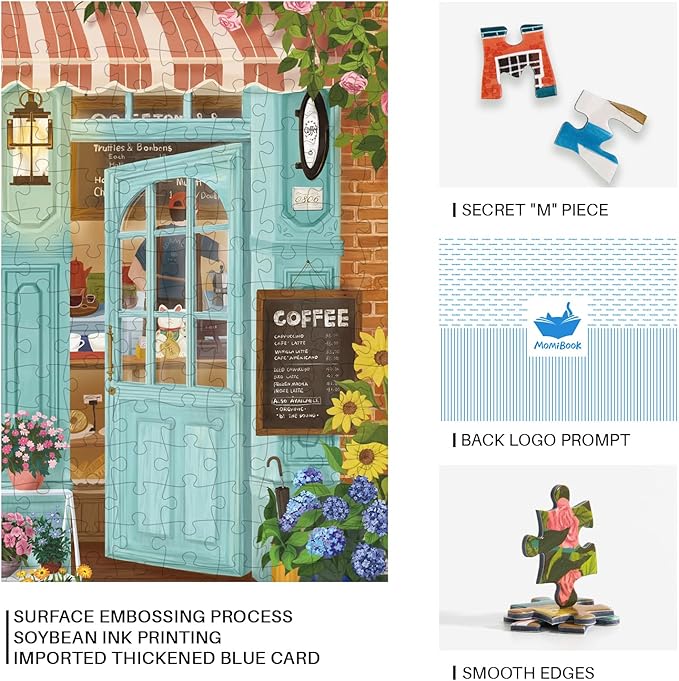 MOMIBOOK Puzzles for Adults 1000 Pieces Jigsaw Puzzles of Corner Coffee Shop, Painting Image Store Puzzle Difficult Challenging Hard Impossible Puzzle Unique Funny Party Christmas Birthday Gifts