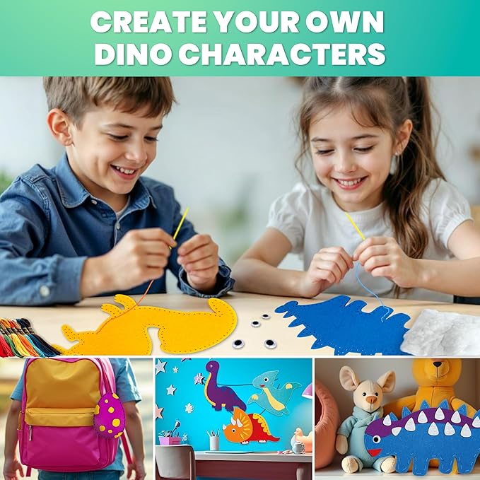 QUOKKA Kids Crafts Ages 7-9, DIY Beginner Needle and Thread Kit - 12 Wild Dino Sewing Kit Basic - Fun Arts Crafts for Kids Ages 7-9 Girls Boys - Plastic Needles, Scissors - 7+ Year Old Girl Gifts
