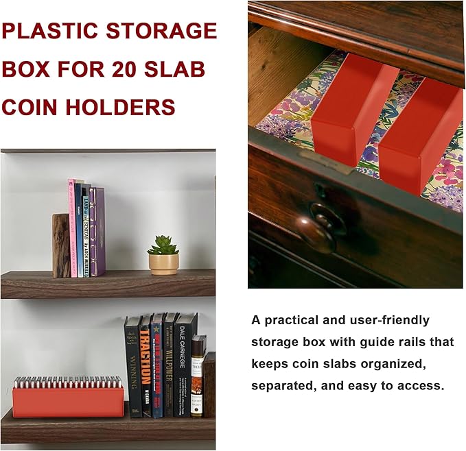 Plastic Coin Slab Storage Box – 20-Slot Coin Holder Organizer Case Fits for PCGS NGC PMG PCCB Slabs, Secure Coin Collection Box for Collectors, Home, Office, Bank Use (Box Only, Red)