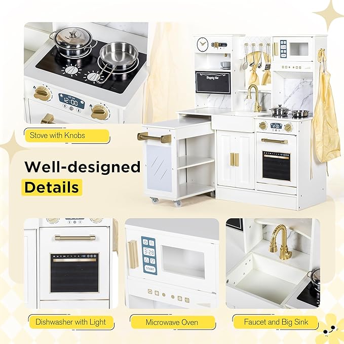 Kids Play Kitchen with Removable Cart, Wooden Toddler Kitchen Playset with Oven, Stove, Sink, Coffee Maker, Pretend Play Toy Kitchen Set for Children Boys Girls Ages 3