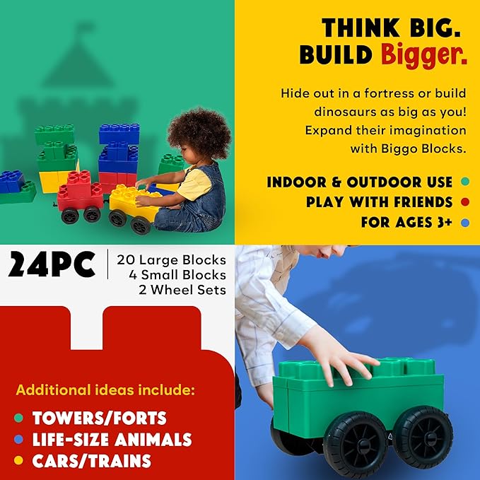 BiggoBlocks Big Blocks for Kids Ages 4-8 — Indoor & Outdoor Blocks for Kids Games — Large Building Blocks (24 pc with 2 Cars) Big City Set