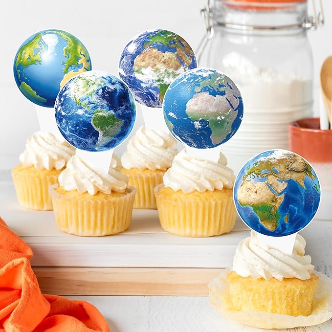 48pcs Earth Globe Cupcake Toppers Earth Day Party Decorations Globe World Map Theme Cake Cupcake Picks for Travel Around The World Birthday Party Earth Day Baby Shower Supplies