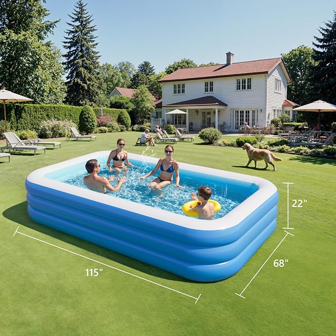 Inflatable Pool for Kids and Adults, 115" x 68" x 22" Blow Up Pools, Rectangular Family Swimming Pool