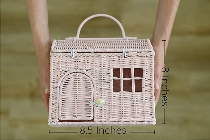 Rool Rattan House Shaped Basket Wicker Small Dollhouse Gift for Girls, Boho Toys, Mouse in a Box House, Little Girl Purse Clutch, Doll Carrier (Pink)
