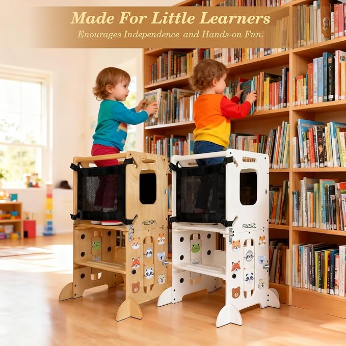 Toddler Kitchen Stool Helper, CPC Certified Foldable Toddler Tower, Learning Wooden Tower with Support Feet and Chalkboard, Anti-Drop Structure, Safe Design for Kids, White