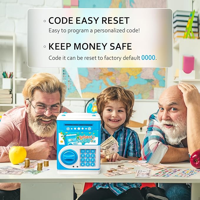 ATM Piggy Bank for Boys Girls, Vcertcpl Mini ATM Coin Bank Money Saving Box with Password Code, Kids Safe Money Jar for Real Money with Auto Grab Bill Slot, Great Gift Toy Bank for Kids (Blue)