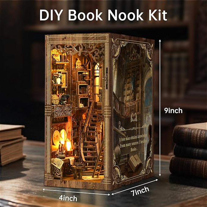 Book Nook Kit - DIY Enchanted Cottage Miniature House for Adults & Teens, 3D Wooden Puzzle Booknook with LED Lights, Bookshelf Insert Decor & Creative Model Building（Antique Books Collection Room）