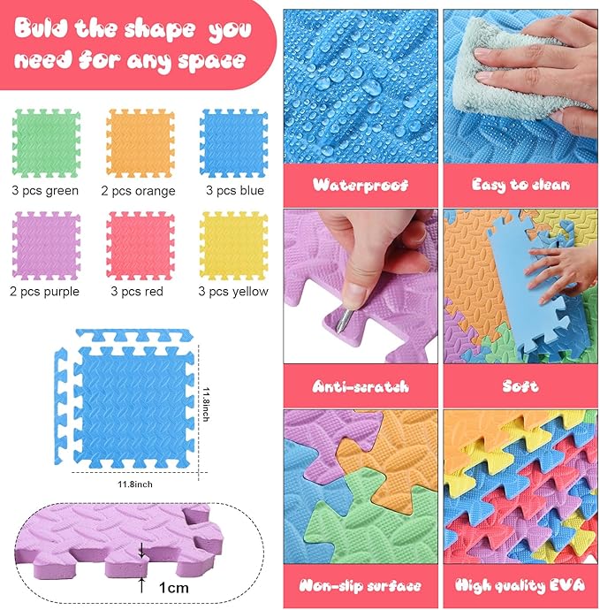 Shihanee 16 Pcs Foam Floor Baby Tiles 11.81 x 11.81 inches Foam Floor Mats Play Mats Bulk with Borders Interlocking for Kids Baby Playroom Nursery Gym（Colorful）