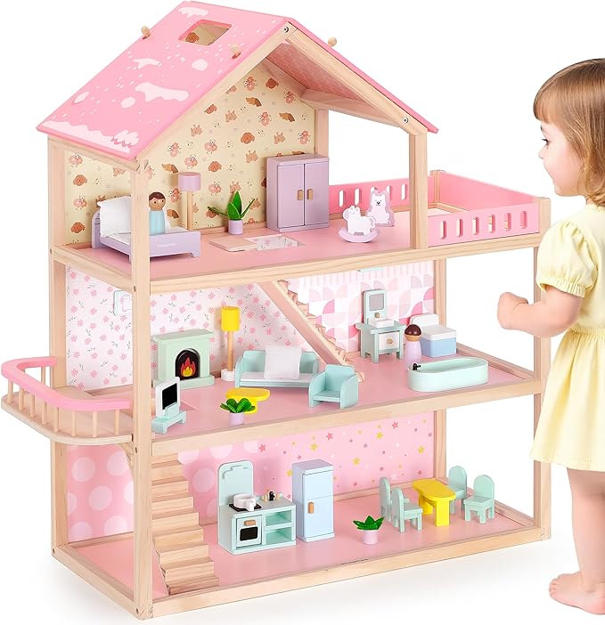 Large Wooden Dollhouse, 3-Story Doll House with 38-Pcs Furniture & Accessories, Open-Concept Floors, Balcony, Flip-Over Snow Roof, Pretend Play Doll House Gift for Kids Ages 3+