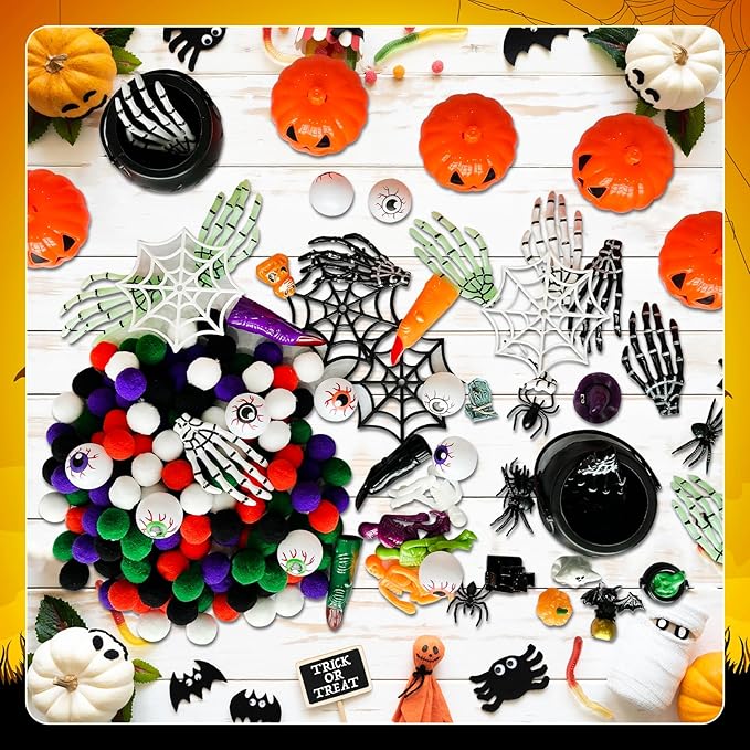 243 Pcs Halloween Sensory Bin Filler Sensory Bin Items Fine Motor Tools Counting Sorting 150 Pom Pom 75 Resin Pumpkin Witch Hat Skeleton Hand Ghost for Halloween Sorting Counting Training
