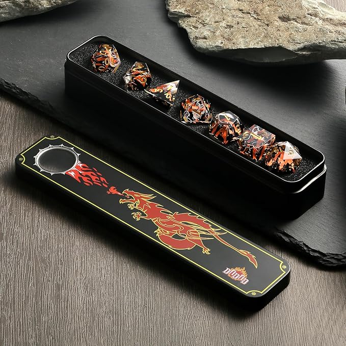 DNDND Volcanic Sharp Edge Resin Dice Set - 7PCS Lava Flow DND Dice for Dungeons and Dragons with Metal Case, Precision Polyhedral RPG Dice Gift for Gamers