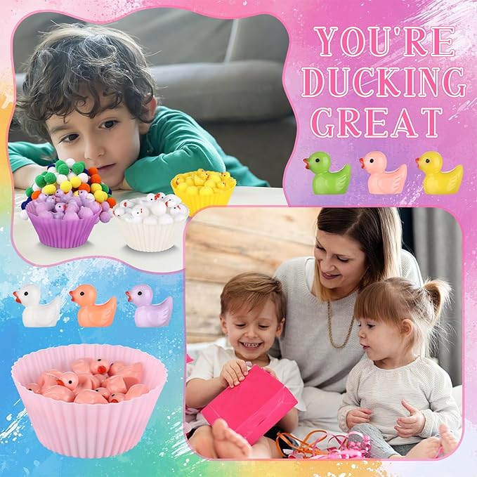 217 Pcs Duck Sensory Bin Filler Fine Motor Toys Counting Sorting 100 Felt Pompoms 100 Mini Duck Figures 8 Tweezers 8 Silicone Plates 1 Storage Box, for Counting Sorting DIY Crafts (Duck)