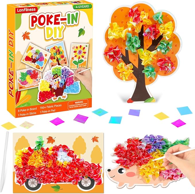 8PCS Poke-in Craft Art Kit Kids Fall Thanksgiving No-Mess Fabric Sewing Girl Boy 4-12 Puzzle Puncture Painting DIY Turkey Pumpkin Fall Harvest Toy Gift Creative Activity Game Birthday Party