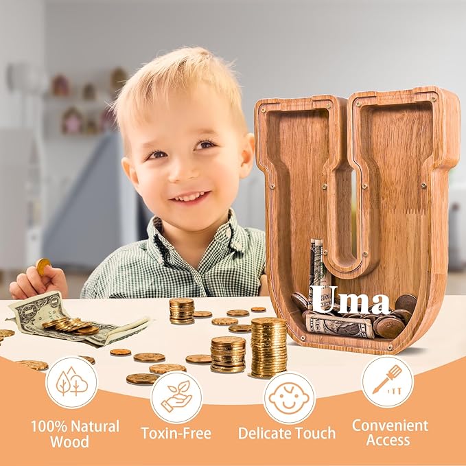 Wooden Letter Piggy Bank for Kids Larger Letter Piggy Bank for Boys and Girls Personalized Piggy Bank Initial Coin Bank Wood Kids Money Bank for Birthday and Festival