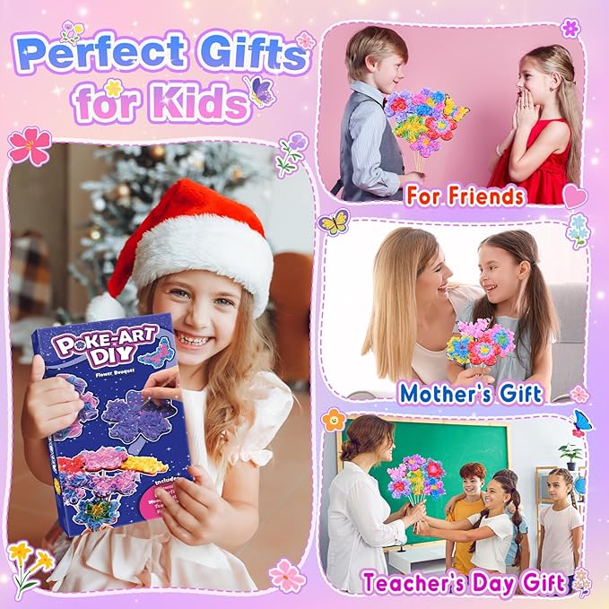MDINGTD Toys for 4 5 6 7 8+ Year Old Girls, Poke Art Flower Bouquet with 8 Flowers & 2 Butterflies Arts and Crafts for Girls Ages 4-8 DIY Creative Activity Birthday Xmas Gifts Craft Kits