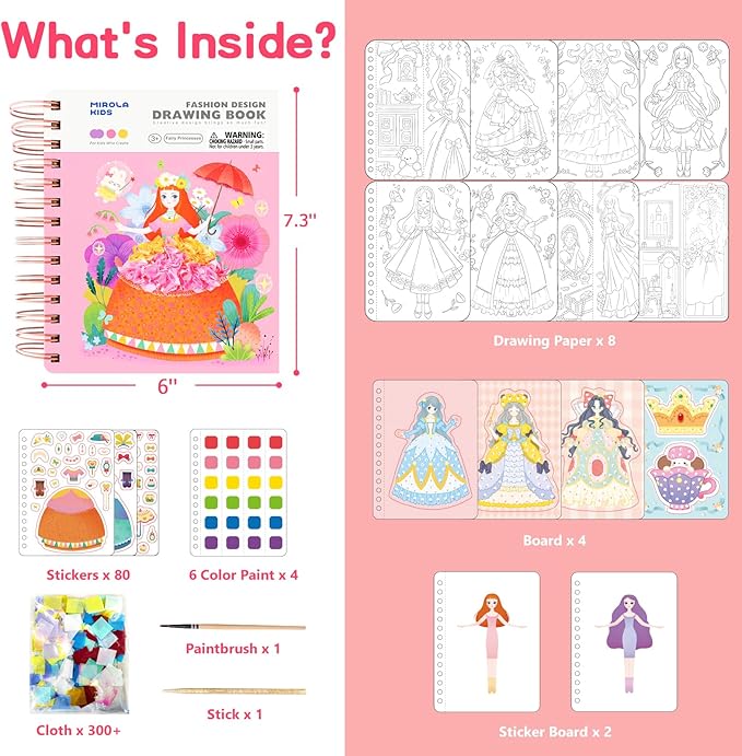 MIROLA KIDS 3 in 1 Poke Craft Kits for Girls, Princess Dress Art Crafts for Kids Ages 4-8, DIY Activity with Watercolor Painting, Stickers, Poking Gifts for 4 5 6 7 8+ Year Old Girls