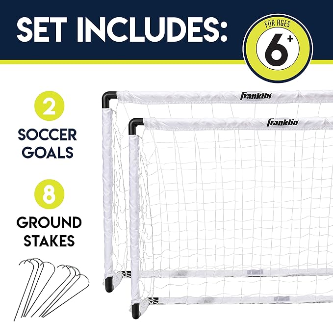 Franklin Sports Kids Soccer Goal Set - Portable Backyard Youth Soccer Goals - 2 Mini Soccer Goals with Ground Stakes - 54" x 36",Black