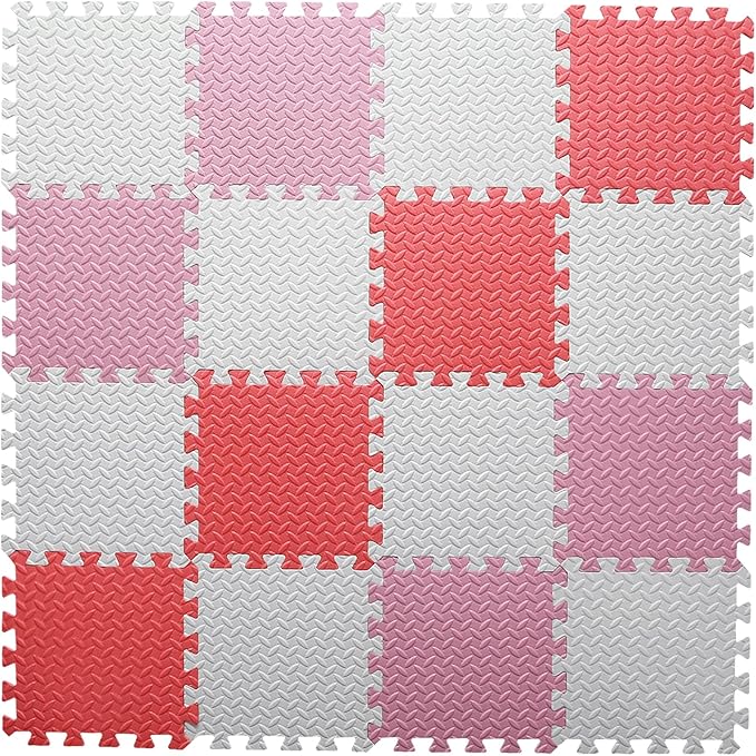 Foam Play Mat for Baby, 0.4 Inch Thick Foam Interlocking Floor Mats, Soft Non-Toxic Baby Playmat, Solid Colored Puzzle Play Mat Kids Floor Mats, 16 Tiles, White/Pink/Red
