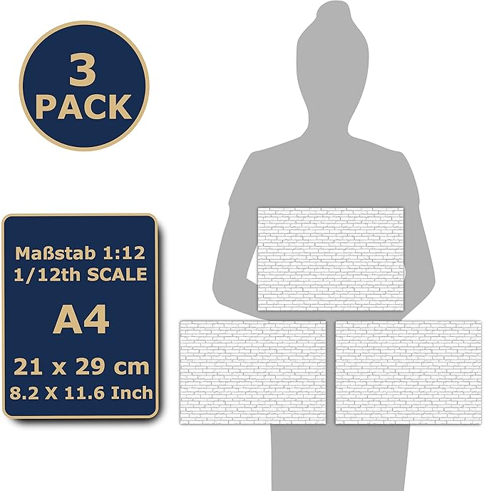 3 Sheets Self-Adhesive Brick Wall Cladding for Dollhouses 1:12 Scale (White Stones)