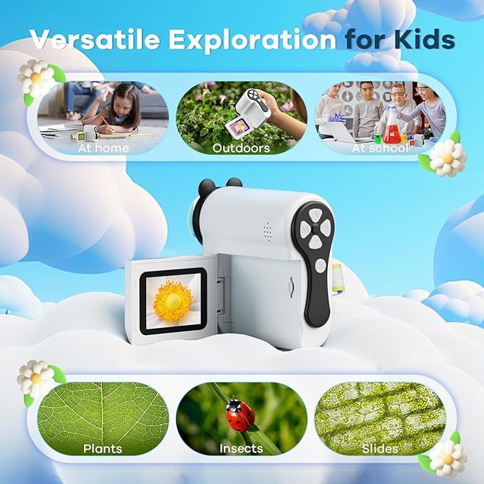 HP60 IPS Microscope for Kids: [Auto On & Off] [3-in-1] 2" Portable Handheld Microscope Miniscope, Pocket Mini Scope Educational Science Kit, Christmas Birthday Gifts for Kids, PC View, White