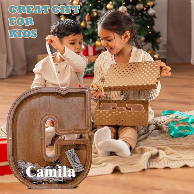 Wooden Letter Piggy Bank for Kids Larger Letter Piggy Bank for Boys and Girls Personalized Piggy Bank Initial Coin Bank Wood Kids Money Bank for Birthday and Festival