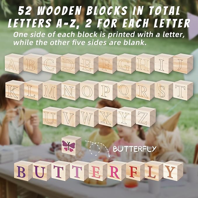 117 Pcs Baby Shower Blocks to Decorate Game Kit Includes 52 Wooden Blocks 24 Markers 1 Game Sign 40 Templates to Paint (Blue Bear)