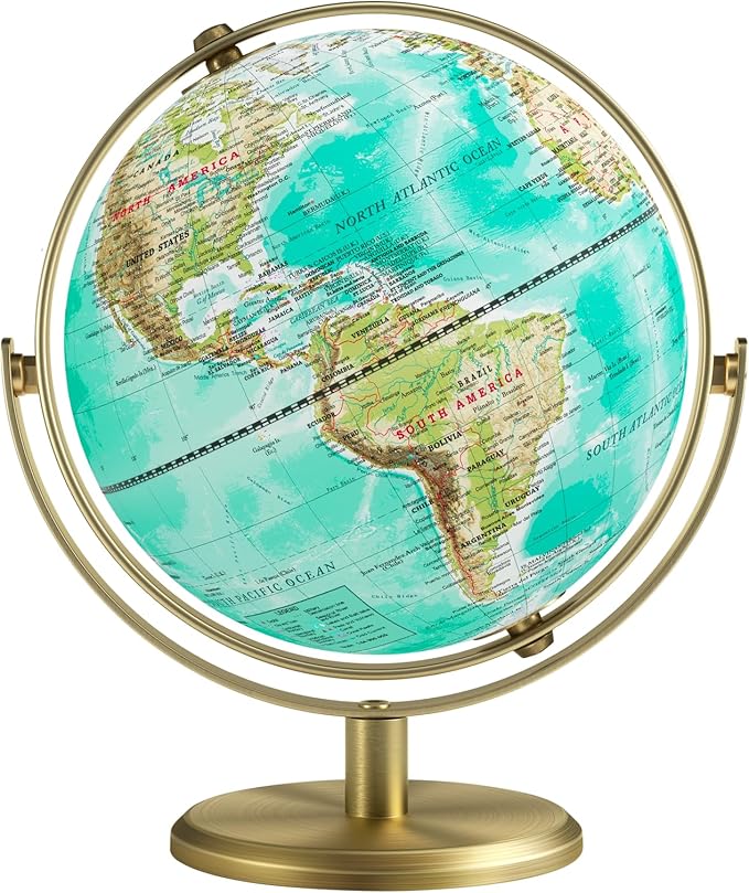 8'' World Globe with Gold Stand 720° Rotating, Kids Adults Student Geography Educational, Desk Globe Decorative Office Classroom, Unique Birthday Christmas Gifts (Elegant Turquoise)