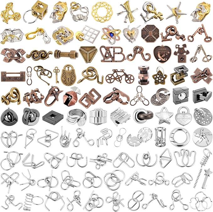 Yilloog 100 Styles Metal Brain Teaser Puzzles Assortment Bulk for Adults Difficult Magic Puzzles Highly Hard Brain Games Iq Logic Test Disentanglement Game Gift for Christmas Classroom Mind Challenge