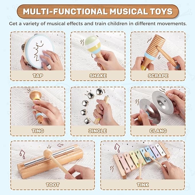 Musical Instruments for Toddlers,POGOLAB Montessori Toys,Educational Wooden Percussion Toys,Gifts for 3 Years Old Boys and Girls, Xylophone,Cymbal,Tambourine,Maraca,Hand Bells,Chime bar