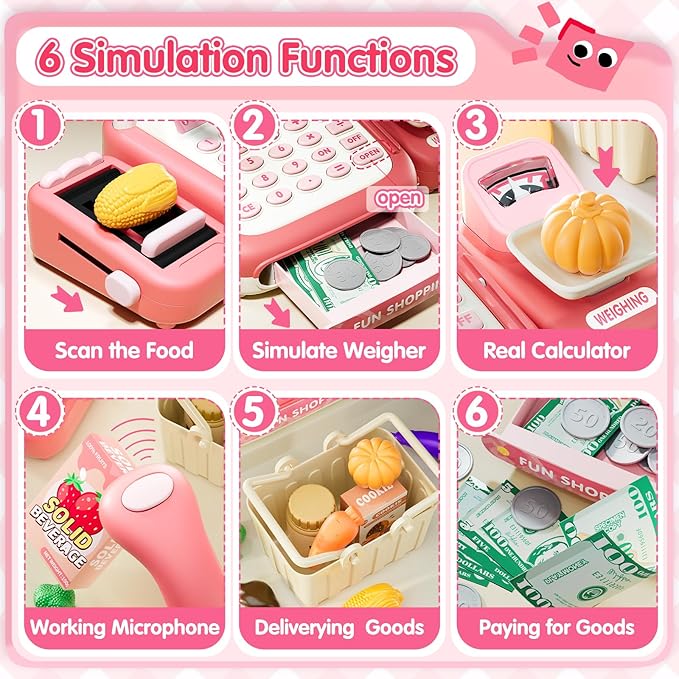 49PCS Pretend Play Cash Register Toy Set for Kids with Real Calculator,Scanner,Microphone,Conveyor Belt,Weighing Tool,Cashier Playset Realistic Gift for Toddler Kid Ages 3 4 5 6 7 8（Pink）