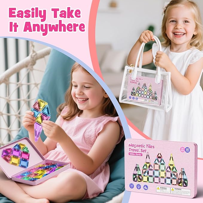 42-Piece Glitter Magnetic Tiles Travel Set with Pink Metal Box - Portable STEM Building Blocks for Kids Ages 3-8 Boys & Girls STEM Montessori Educational Toys for Airplane Car Rides