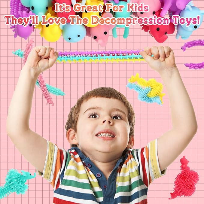 Chivao 100 Pack Bulk Stretchy String Fidget Toys Animal Sensory Toys for Kids and Adults Colorful Fidget Worm Stress Anxiety Relieve Party Favors Goodie Bag Fillers Birthday Gifts (Animal Style)