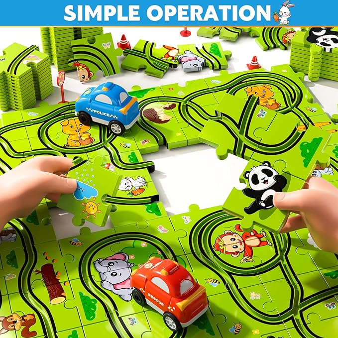 48PCS Puzzle Race Track Car Set Toys for Kids Boys, Floor Puzzle Car Tracks for Boys Ages 3-5 4-6, Toddler Toys Gifts for 3 4 5 Year Old Kids, Ideal 3 4 5 6 Year Old Birthday Gifts