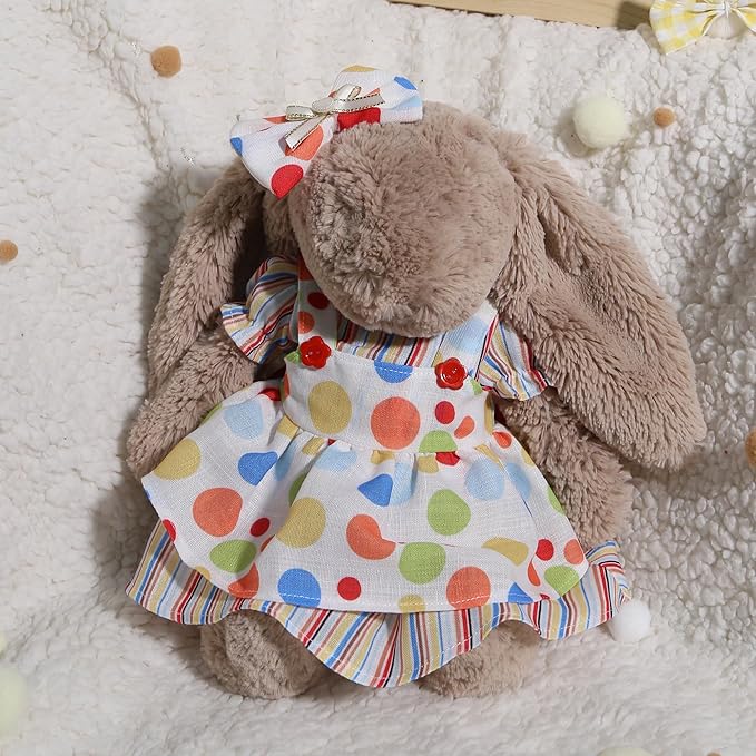 31cm(12") Bashful Bunny Clothes, Cute Plush Animal Clothes for Meddium Teddy Bear - Colorful Two-Piece Dress & Bow Clip Set (Clothes Only)