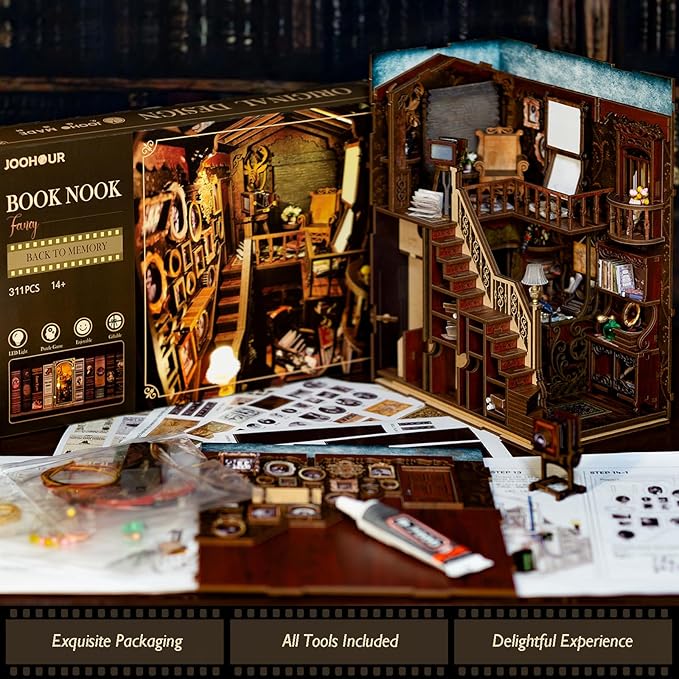 DIY Book Nook Kit, Dollhouse Miniature, Booknook Bookshelf Insert Alley 3D Wooden Puzzle, Bookends Model Building Kit with LED Light, Gift for Teens and Adults, Back to Memory