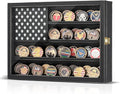 Challenge Coin Display Case, Lockable Solid Wood Military Coin Holder Cabinet with Star Flag Board and Anti-Fade Acrylic Front, Wall Mounted 4-Tier Coin Collection Shadow Box Rack (Black)