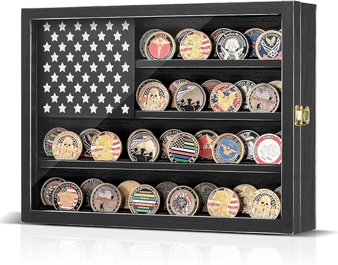 Challenge Coin Display Case, Lockable Solid Wood Military Coin Holder Cabinet with Star Flag Board and Anti-Fade Acrylic Front, Wall Mounted 4-Tier Coin Collection Shadow Box Rack (Black)