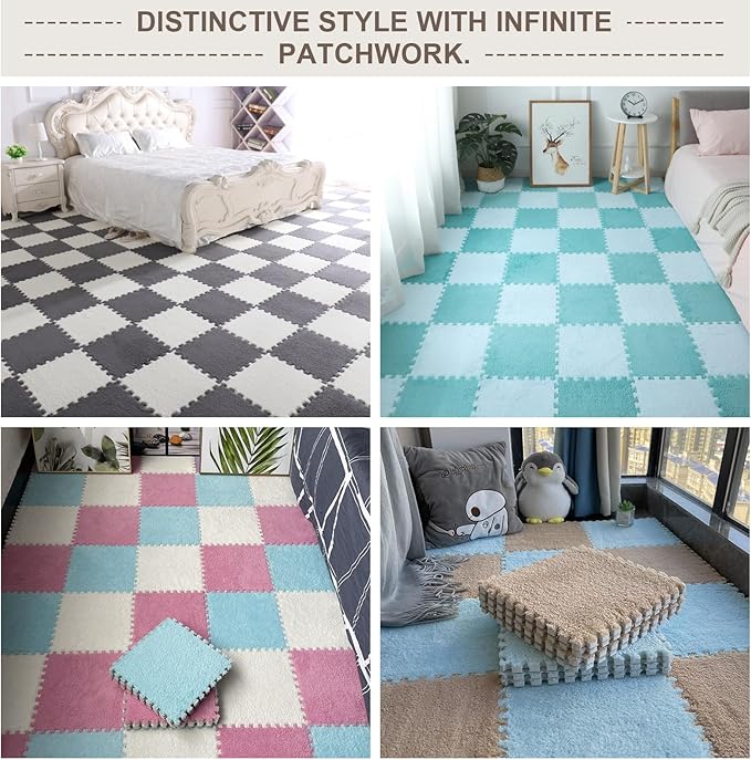 16pcs 0.6" Thickened Interlocking Tile Mats,Fluffy Shaggy Soft EVA Foam Area Rug for Living Room & Bedroom,Non-Slip Protective Floor Carpet Play Mat Kids Baby Dorm Home Decor (11.8ft, Blue)