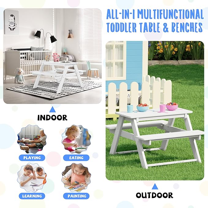 Costaelm Kids Picnic Table, HDPE All Weather Outdoor Toddler Picnic Table and Chair Set Kids Bench for Patio, Backyard, Garden, Lawn, White