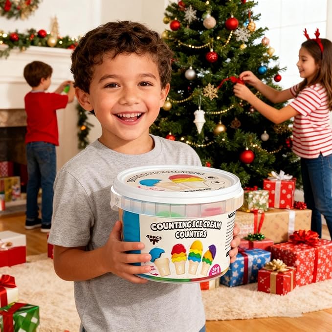 NEOROD Rainbow Ice Cream Counting Toy & Color Recognition Stacker，Sensory Math Manipulatives for Toddler Preschool Learning Activities, Fine Motor Skills Toy,Set of 42 Scoops，6 Cones, a Container.