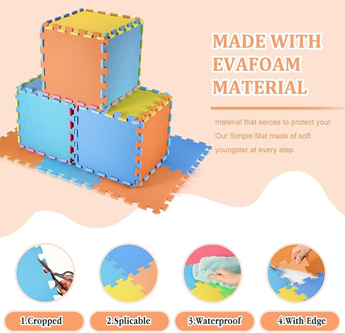 Nuanchu 60 Pcs Kids Foam Puzzle Floor Mat Bulk Solid Color Foam Play Mat with Borders Interlocking Multi Use Floor Rug for Baby Toddler Children 12 Inch (Dark Blue, Light Blue, Orange, Yellow)