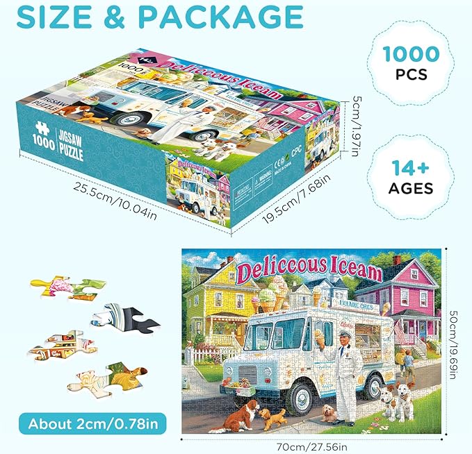 Puzzles for Adults 1000 Pieces Vintage Ice Cream Truck Jigsaw Puzzles Challenging Puzzle for Stress Relief, Home Decor and Gifting