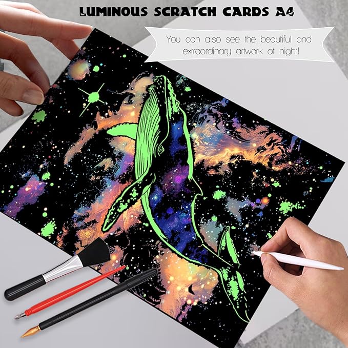 Adult Crafts Glow in The Dark, Scratch Art Rainbow Painting Paper 8 Sheet with Tools, Landscape Scratchboard for Teens & Adults Fun Creative Craft Toy/Gifts/Decor(A4-Noctilucent Butterfly, Whale)