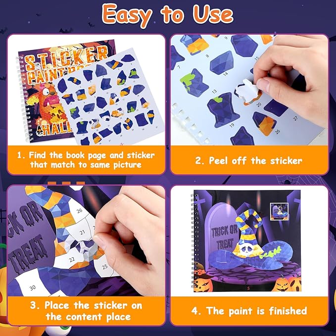 6 PCS Halloween Paint by Sticker Books for Kids Ages 4-8 Sticker by Number Books Activity Book for Kid Ages 3-5 Sticker Puzzle Book Craft Art Toddler Girl Gift with Pumpkin Ghost Monster 48 Pictures