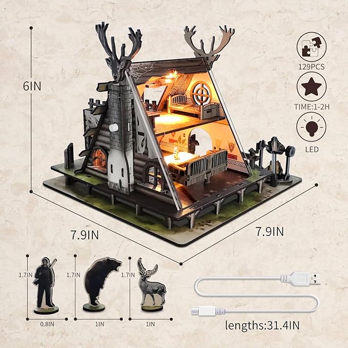 Model Kit Adult Miniature House Kit, Doll Houses Book Nook DIY Kit with Furniture and USB -LED Light, Bookshelf Miniature Scenes, Dollhouse Kits for Adults, Children (Hunting-Cabin)