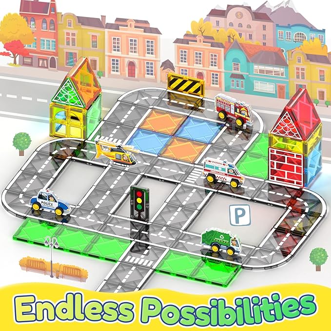 Oriate City Road Set Magnetic Tiles, Rolling Rescue Toy Cars with Construction Building Magnetic Blocks, Educational Road Traffic City Life Magnet Tiles, STEM Toys Gifts for Preschool Kids