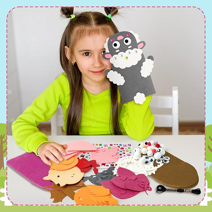 WATINC 6Pcs Hand Puppet Making Kit, Art Craft Felt Sock Puppet Toys, Creative DIY Make Your Own Pompoms Wiggle Googly Eyes Storytelling Role Play Party Supplies Gift for Girls Boys (Farm Animals A)
