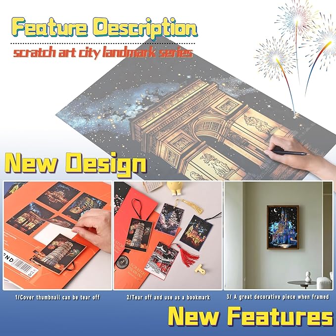Scratch Art for Adults-Laser Scratch Painting Craft Kit (8 Sheets 16x11 in)|Foil Engraving Art Set|Stress Relief Gift for Travel Lovers,Craft Lovers|Creative Scratch Art Home Decor(Europe Series)